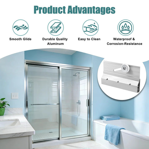 Four Pack Frameless Shower Door Roller Top Bracket Assembly Three Quarter Inch Round Wheel With Ball Bearings Extruded Aluminum Chrome Finish Replacement Hardware Kit For Glass Sliding Doors installed on shower