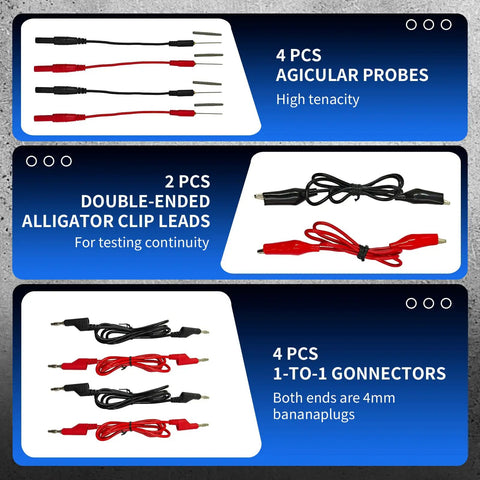 Components of the Pro Grade 76 Piece Automotive Test Lead Kit For Multimeters And Electrical Troubleshooting with probes and clips.