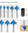 Pack Of 8 Hardcore Professional Carbide Router Bits For 90 Degree V Grooves And Chamfering Woodwork On Plywood, 1/4" Shank.