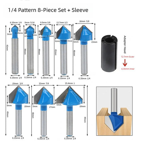 Pack Of 8 Hardcore Professional Carbide Router Bits For 90 Degree V Grooves And Chamfering Woodwork On Plywood, 1/4" Shank.