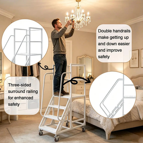Top Shelf Easy Glide Six Step Warehouse Ladder With Triple Guardrails And Double Handrails Industrial Mobile Platform Staircase On Wheels Built Tough Handle Eleven Hundred Pound Load