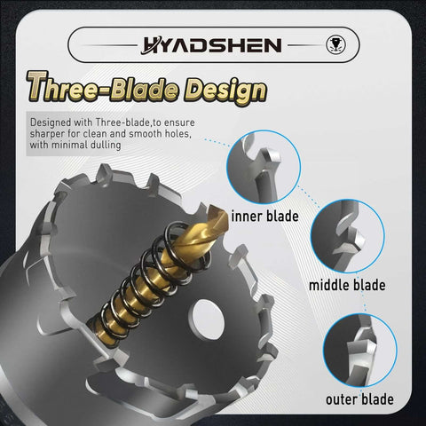 Front view: HYADSHEN 17-Pc hole saw kit with case; tungsten carbide blades, 9/16-2-1/8 in, includes bits and L-wrenches.