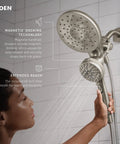 Engage Magnetix 2 In 1 Rain Showerhead With Handheld Spray And Magnetic Docking System in brushed nickel, 6 spray settings in use