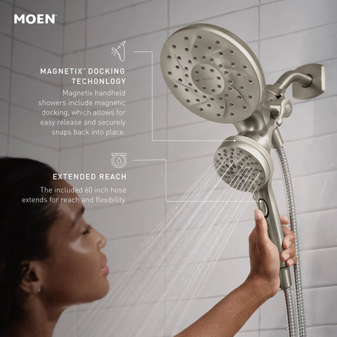 Engage Magnetix 2 In 1 Rain Showerhead With Handheld Spray And Magnetic Docking System in brushed nickel, 6 spray settings in use