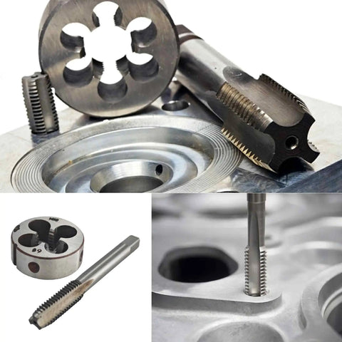 M10 X 1.5mm Metric Tap And Die Set For Metal Working And Repair, Right Hand Threading Tool Kit shown with tap and round die.