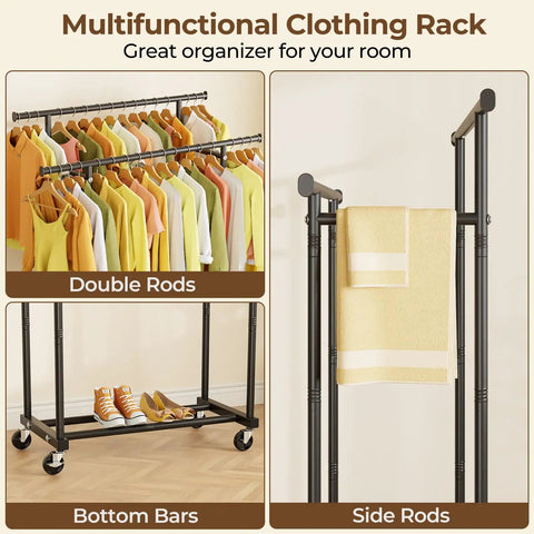 Straight Up Solid Double Rod Clothes Rack That Rolls Buttery Smooth Hang Tops Bottoms Bags Easily Metal Wardrobe Stand Total Game Changer For Bedroom Storage Or Closet Organizers Black