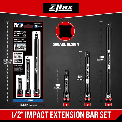 1/2 Inch Drive Impact Extension Bar Set Offers 3 6 And 10 Inch Options Crafted From Tough Cr Mo Steel, shows sizes 3in, 6in, and 10in.