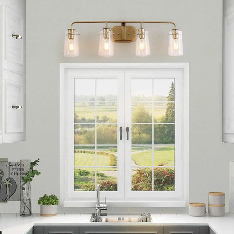 Gold Vanity Light Over Mirror With Antique Brass Finish And Clear Bubbled Glass Shades Dope Mid Century Wall Sconce above window
