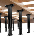 Eight Piece Adjustable Bed Frame Support Legs Twist Base From 7.8 To 14.6 Inches With Mounting Screws, black plastic legs beneath wooden slats.