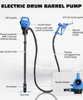 Image of Heavy Duty Electric Drum Pump Fits 55 Gallon Barrels with telescopic tube, flexible hose and manual nozzle.