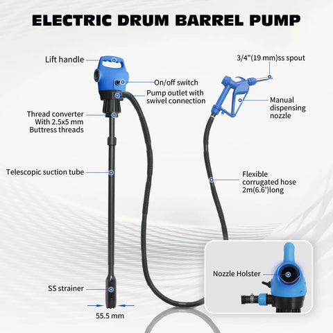 Image of Heavy Duty Electric Drum Pump Fits 55 Gallon Barrels with telescopic tube, flexible hose and manual nozzle.