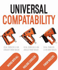 Universal Short Yellow Trim Fuel Cells For Cordless Finish And Brad Nailers With Adapter Heads Lubricating Oil Base Runs Slick And Delivers Serious Power Nonstop Pack Of Six compatibility with three cordless nailers shown.
