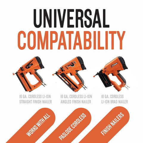 Universal Short Yellow Trim Fuel Cells For Cordless Finish And Brad Nailers With Adapter Heads Lubricating Oil Base Runs Slick And Delivers Serious Power Nonstop Pack Of Six compatibility with three cordless nailers shown.