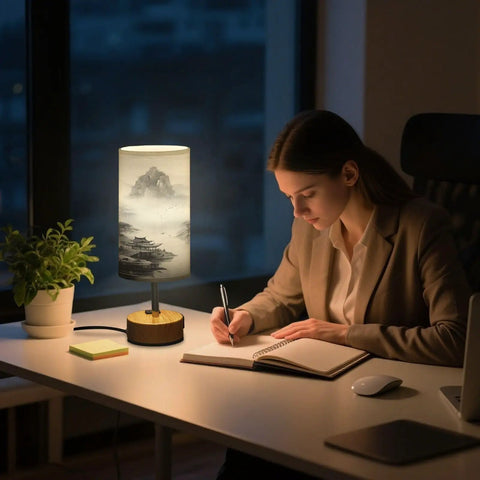 Mountain Watercolor Bedside Table Lamp With 3-Way Dimmable Touch Control And Built-In Charging Station on a desk near a person