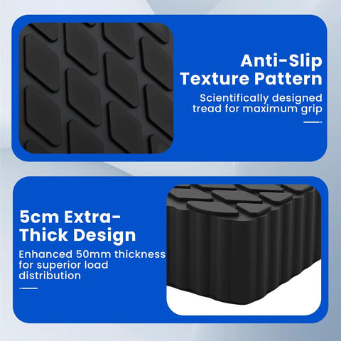 Close-up view of Four Pack Heavy Duty Solid Rubber Auto Lift Pads with anti-slip texture and 5cm thickness.