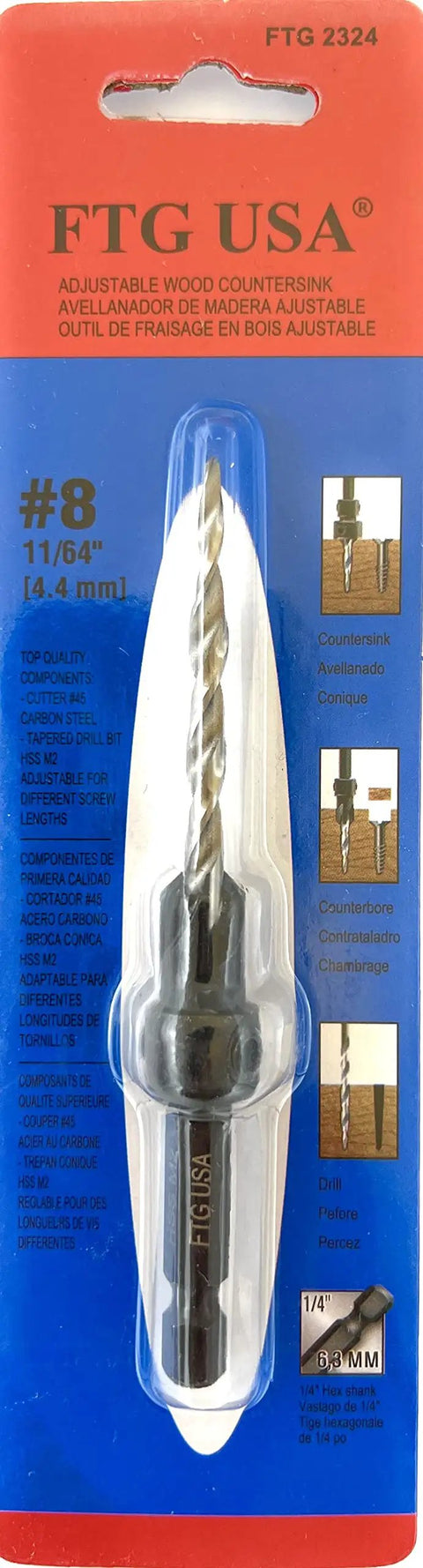 Packaging of Adjustable Wood Countersink Drill Bit Set For Woodworking With 11/64 Inch Countersink And Size Eight Bit Four Cutter Pro Grade High Speed Steel Bits For Quick Clean Recesses And Precise Holes