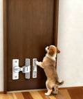 Two Pack Aluminum Barn Door Lock Hasp With Built In Padlock Hole Rust Resistant Gate Latch For Outdoor Sheds And Garages Built Like A Tank And Hella Secure on wooden door with a puppy.
