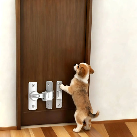 Two Pack Aluminum Barn Door Lock Hasp With Built In Padlock Hole Rust Resistant Gate Latch For Outdoor Sheds And Garages Built Like A Tank And Hella Secure on wooden door with a puppy.