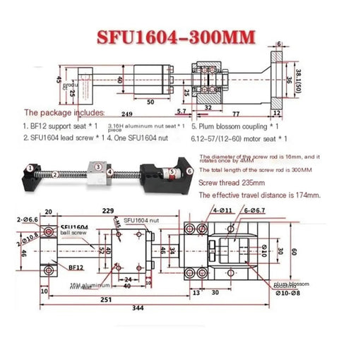Ultra Low Backlash SFU1604 300mm Ball Screw For CNC Machines With Smooth Rolling Motion And Top Notch Precision Rock Solid Linear Drive In Bearing Steel Built For Durable Accurate Milling And Router Projects diagram