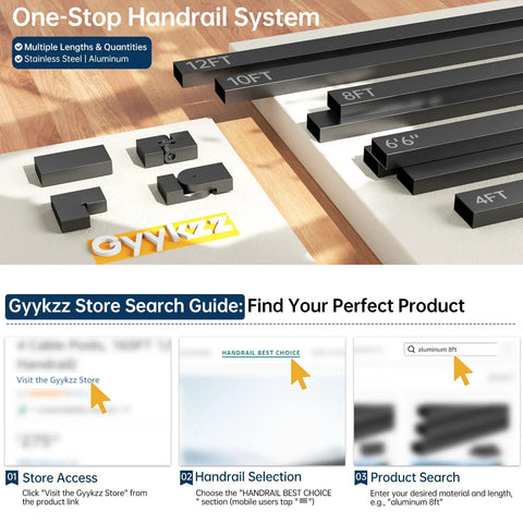 Heavy Duty 10 Ft Black Aluminum Handrails 4 Pack with various lengths showcased on wood surface for deck and railing systems.