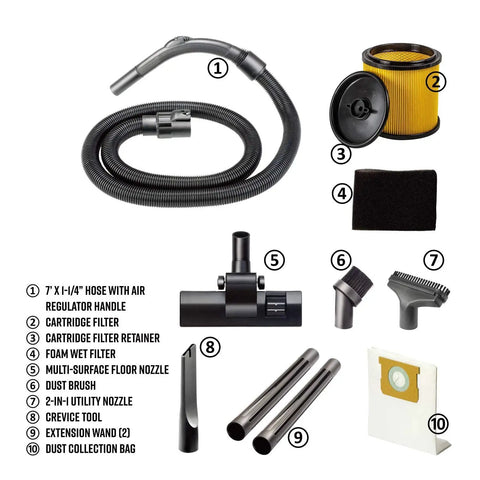 Accessories for Six Gallon Stainless Steel Wet and Dry Shop Vacuum With 3 Peak HP Motor including filters and hose
