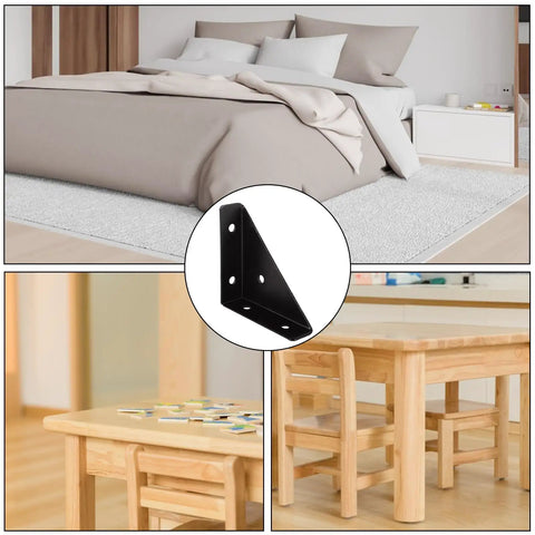 40 Pack Bulletproof Stainless Steel Corner Brackets For Wood Furniture Assembly Rust Resistant Triangle Angle Connectors Heavy Duty Black Metal L Braces No Sweat Setup For Beds Tables And Shelving Units in a bedroom setting.
