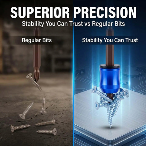 Comparison showing regular drill bit vs Magnetic Screw Ring One Quarter Inch Hex Holder For Drill Drivers with precision