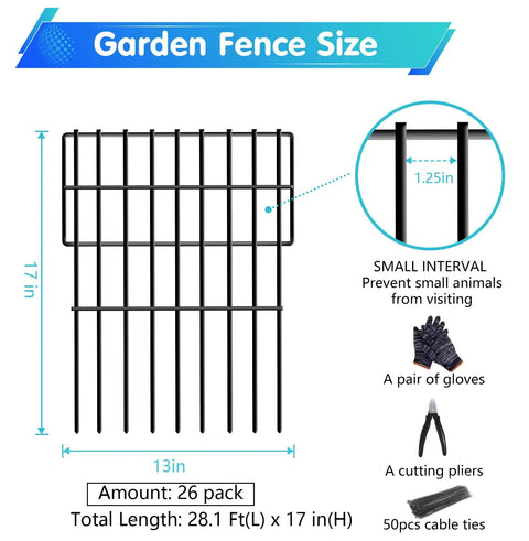 Diagram of No Dig Fence For Dogs And Small Pets 28 Ft Long 17 In High Metal Barrier Panels With 1.2 Inch Gap, includes tools.