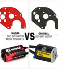 Comparison of Injora 050 66T brushed RC motor with metal mount and original 030 88T motor for Axial SCX24 crawler upgrade kit.