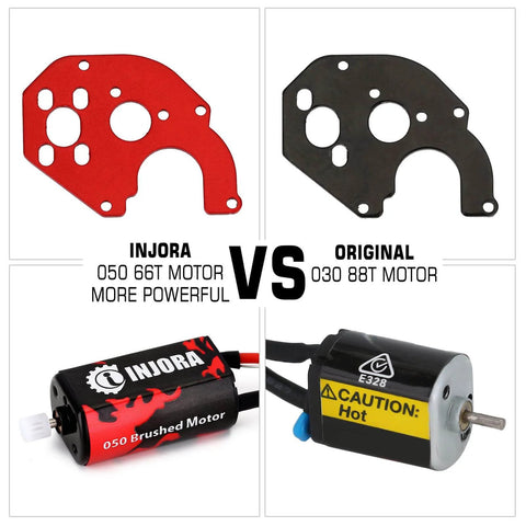 Comparison of Injora 050 66T brushed RC motor with metal mount and original 030 88T motor for Axial SCX24 crawler upgrade kit.