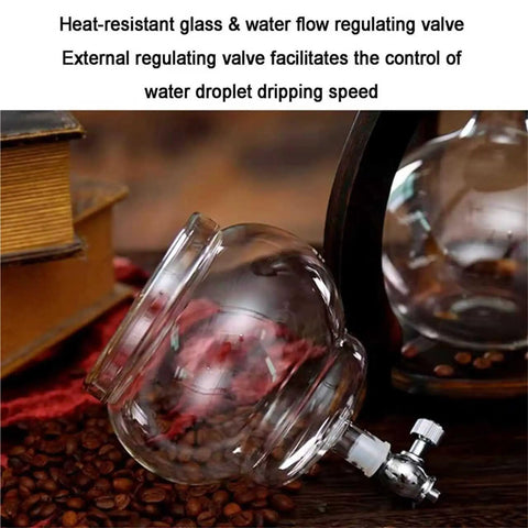 Portable Cold Brew Drip Tower For Silky Iced Coffee With Adjustable Flow Valve And Huge 1000 Ml Tank showing heat-resistant glass and water flow valve.