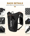 Hydration Running Vest For Women And Men, Adjustable Lightweight Nylon Pack with back features, phone holder, reflective strips, and clips.