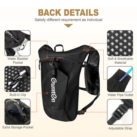 Hydration Running Vest For Women And Men, Adjustable Lightweight Nylon Pack with back features, phone holder, reflective strips, and clips.