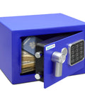 Premium Steel Digital Safe Box with electronic and mechanical access in blue, open with cash and passport inside, dimensions 9.1 x 6.7 x 6.7 inches.