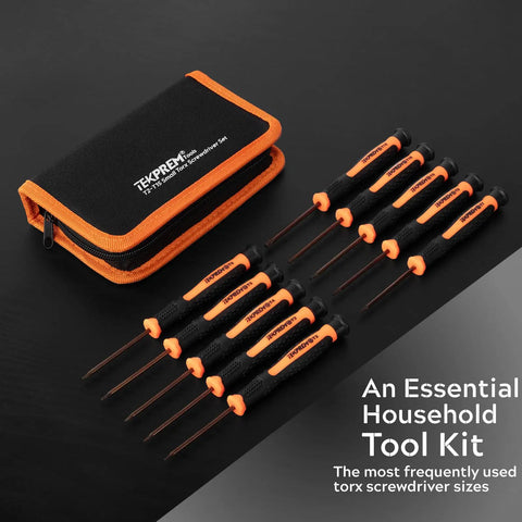 Compact 10 In 1 Torx Screwdriver Set Covers T2 To T15 With Solid And Security Bits Perfect For Fixing Macbook, Xbox, PS5, Ring Doorbell, Or Computer Gear At Home Or On The Go Without Breaking A Sweat. Torx screwdriver kit with 10 S2 steel bits and carry case