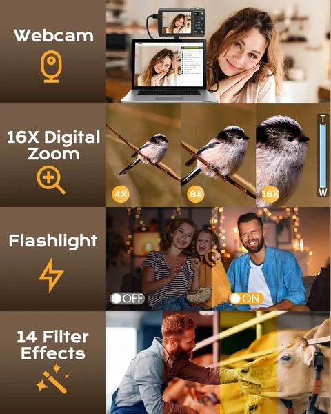 8K Ultra HD Digital Camera for Vlogging and YouTube Photography with Dual Front and Rear Lenses, 88MP Stills features overview.