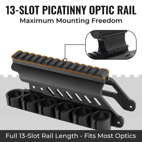13-slot Picatinny optic rail with detailed side view, maximum mounting freedom, and full rail length for most optics.