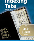 Top Shelf Gold Edge Bible Indexing Tabs For Old And New Testament Study With Eighty Slick Self Adhesive Markers shown on a Bible.