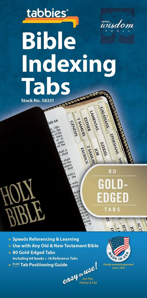 Top Shelf Gold Edge Bible Indexing Tabs For Old And New Testament Study With Eighty Slick Self Adhesive Markers shown on a Bible.