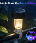 Six Pack Solar Pool Lights For Framed Above Ground Pools Waterproof Outdoor Garden Night Lights Easy Install Warm White Glow For Pool Deck Fence And Yard Decor Gray installed on a wet railing, showing IP44 rating.