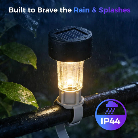 Six Pack Solar Pool Lights For Framed Above Ground Pools Waterproof Outdoor Garden Night Lights Easy Install Warm White Glow For Pool Deck Fence And Yard Decor Gray installed on a wet railing, showing IP44 rating.