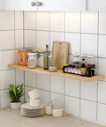 Kitchen shelf with containers held by Size Eight Drywall And Concrete Anchors Kit With Stainless Steel Screws, wooden cutting board.