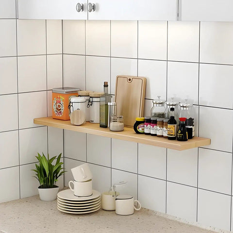 Kitchen shelf with containers held by Size Eight Drywall And Concrete Anchors Kit With Stainless Steel Screws, wooden cutting board.