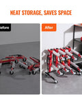 Before and after image of Car Dolly Rack Storage Organizer With 360 Degree Rotatable Wheels And Hydraulic Ratchet Trolley Jack Stand Holder For Four Dollies in garage