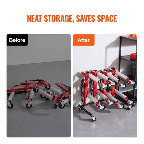 Before and after image of Car Dolly Rack Storage Organizer With 360 Degree Rotatable Wheels And Hydraulic Ratchet Trolley Jack Stand Holder For Four Dollies in garage