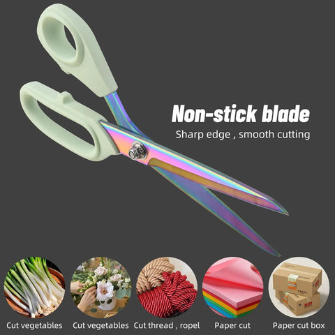 Heavy Duty Fabric Scissors With Titanium Coated Stainless Steel Blades For Leather Sewing And Tailoring 9.8 Inch Multi Purpose Shears That Cut Over 20 Layers Of Fabric With Comfortable Ergonomic Handles For All Your Crafting Projects, rainbow blade view