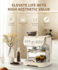 Retro White Espresso Machine With Built In Grinder And Steam Wand Featuring Pre Infusion For A Smooth Daily Grind, compact design on kitchen counter.