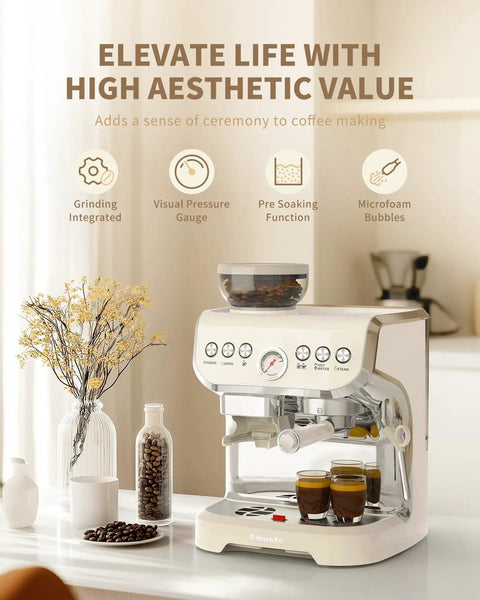 Retro White Espresso Machine With Built In Grinder And Steam Wand Featuring Pre Infusion For A Smooth Daily Grind, compact design on kitchen counter.