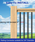 No Sweat Setup 100 Pack 26 Inch Round Aluminum Deck Balusters, Three Quarter Inch Diameter Black Anodized Stair Spindles showing installation spacing limits.