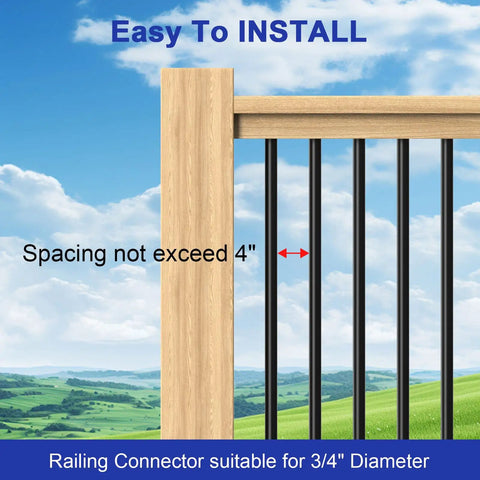 No Sweat Setup 100 Pack 26 Inch Round Aluminum Deck Balusters, Three Quarter Inch Diameter Black Anodized Stair Spindles showing installation spacing limits.
